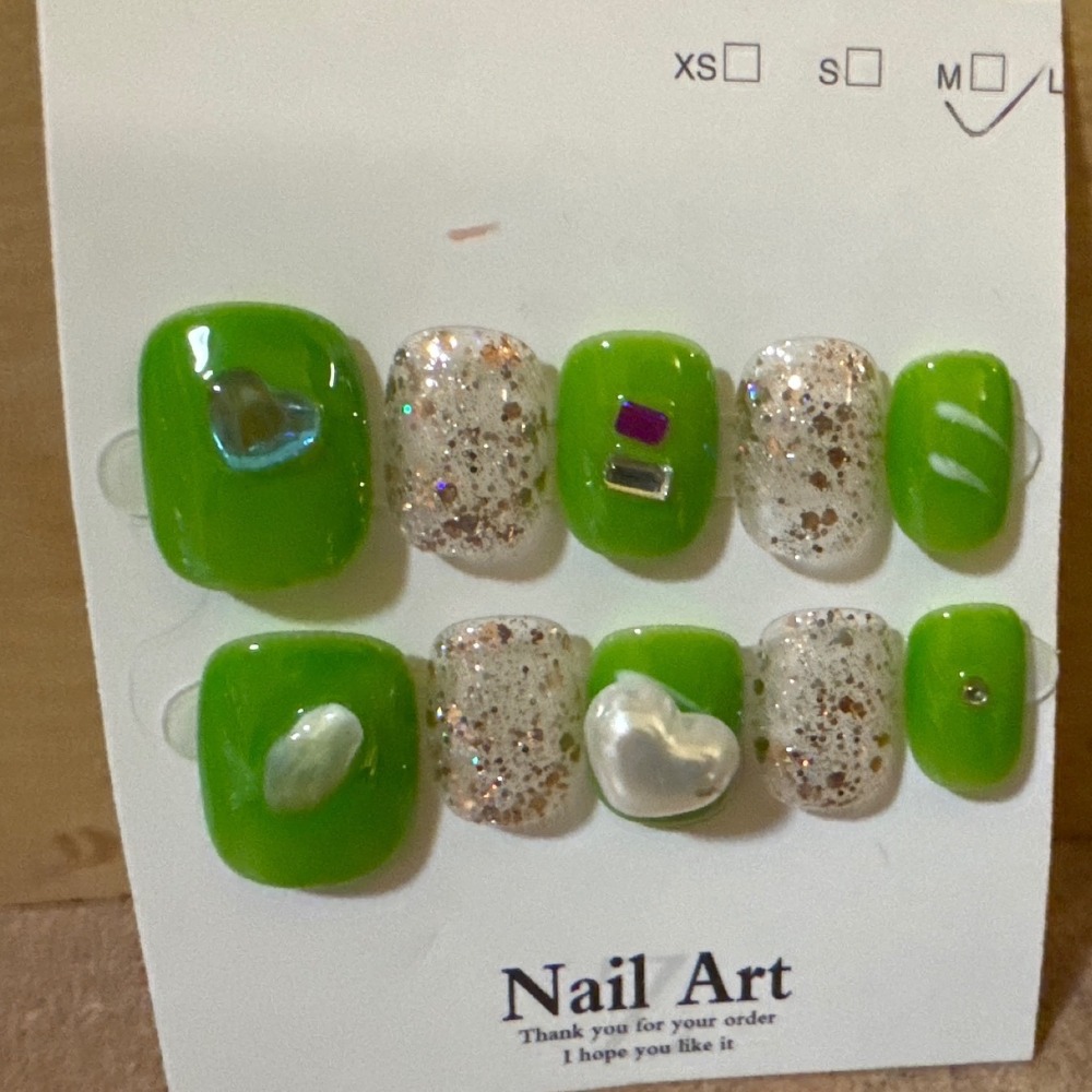 Lime Green Press On Nails Silver Glitter 3D Heart Gems Set Size Medium